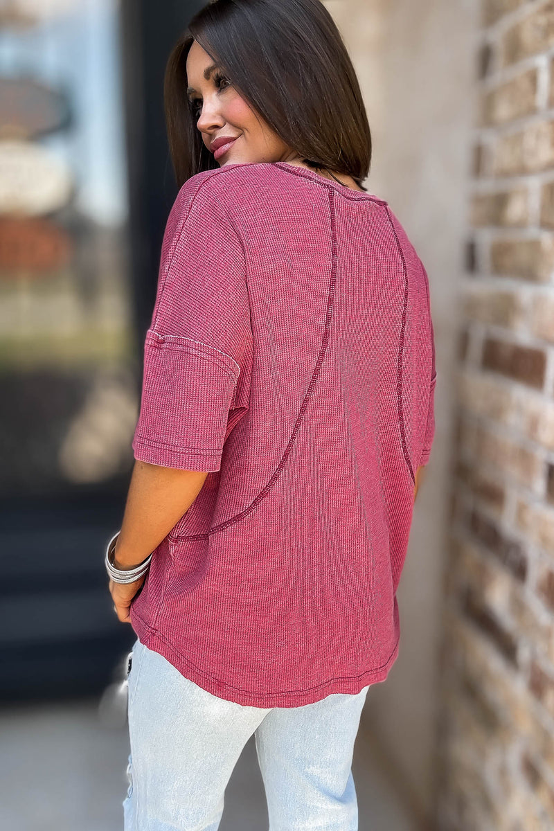 Cotton Blend Garnet Red Mineral Wash Waffle Short Sleeve Tee