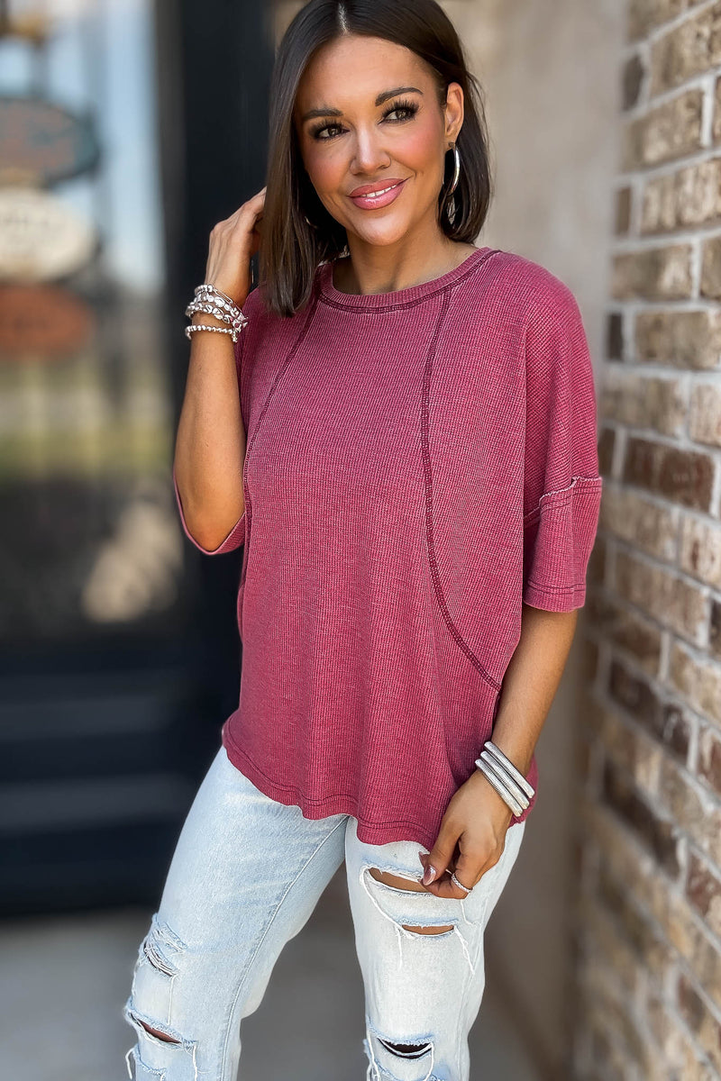 Cotton Blend Garnet Red Mineral Wash Waffle Short Sleeve Tee