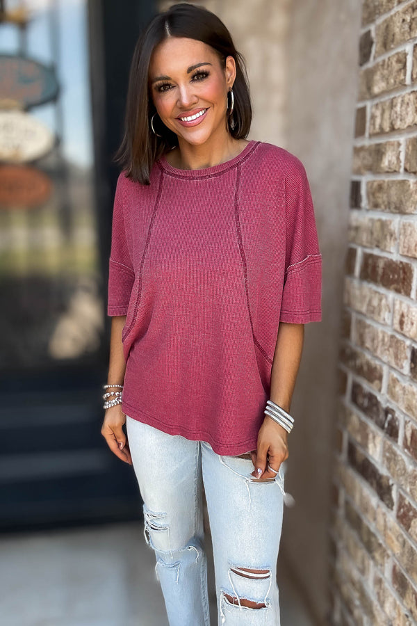 Cotton Blend Garnet Red Mineral Wash Waffle Short Sleeve Tee