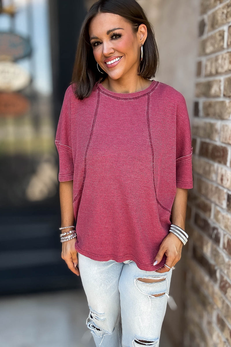 Cotton Blend Garnet Red Mineral Wash Waffle Short Sleeve Tee