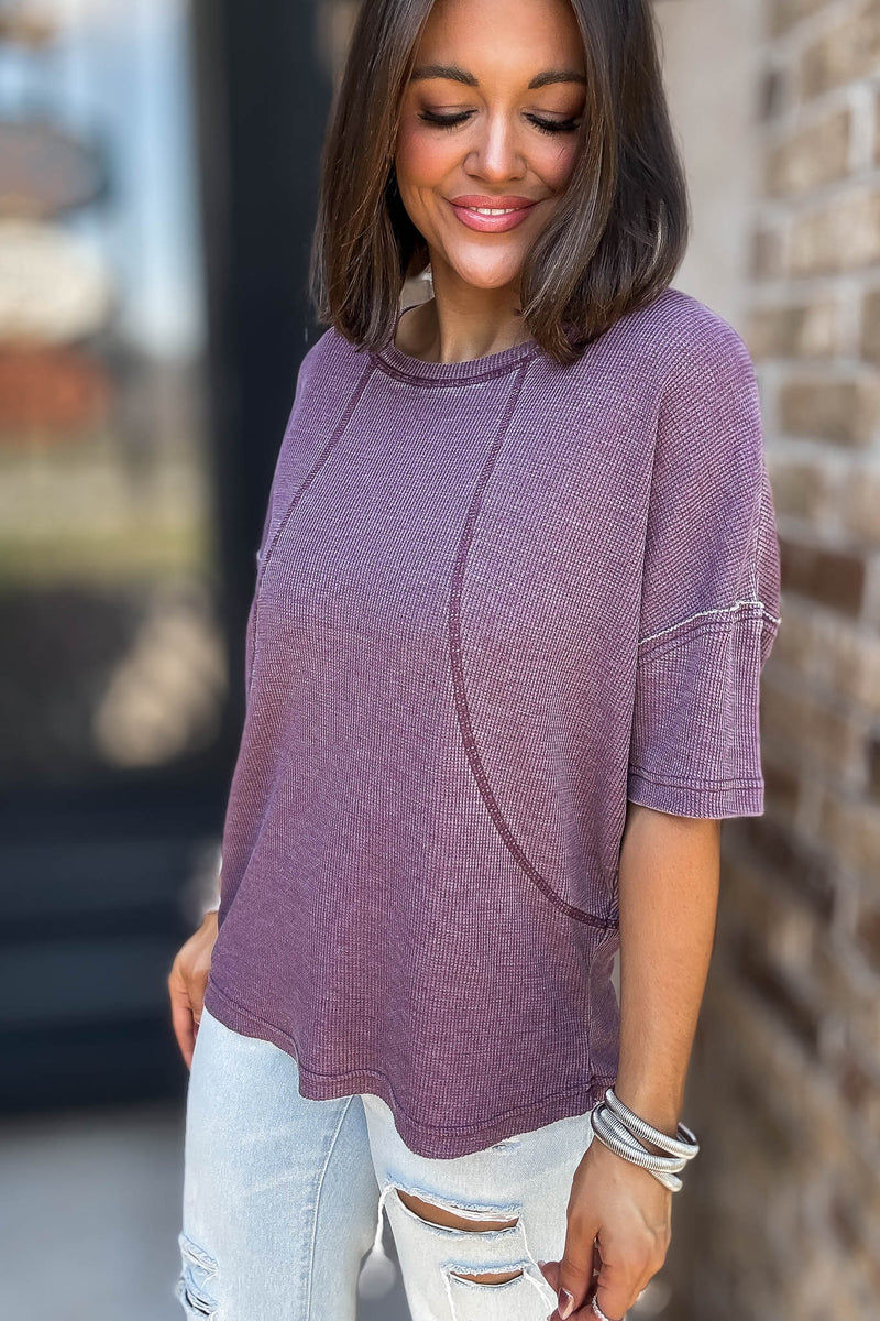 Cotton Blend Dark Plum Mineral Wash Waffle Short Sleeve Tee