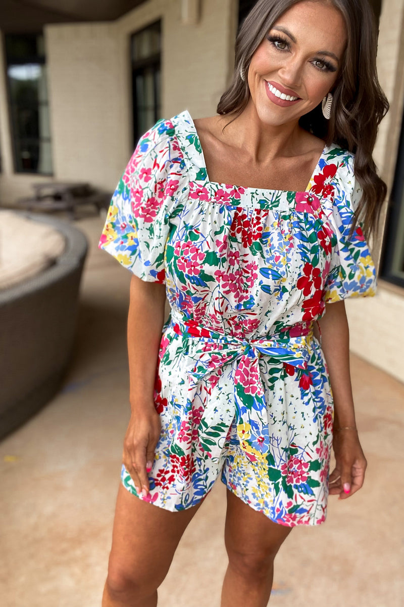 Lushly Blooming Off White Multi Floral Print Romper