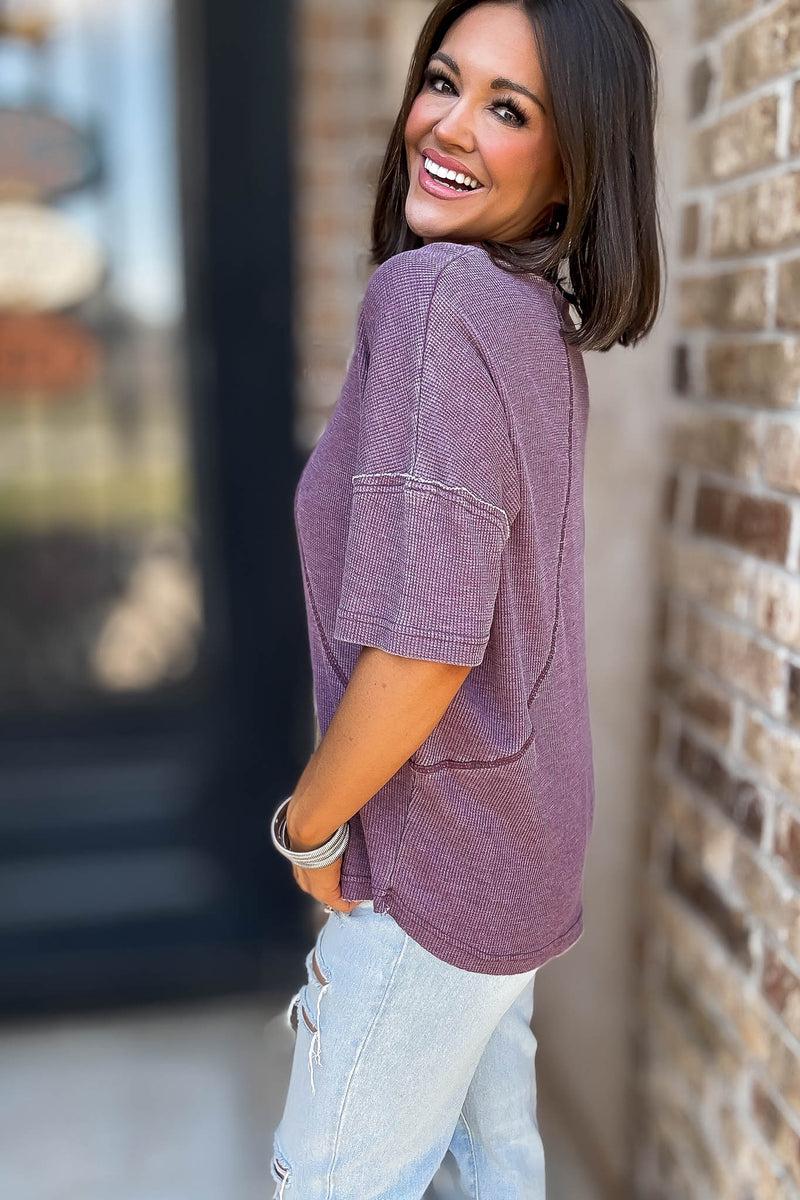 Cotton Blend Dark Plum Mineral Wash Waffle Short Sleeve Tee