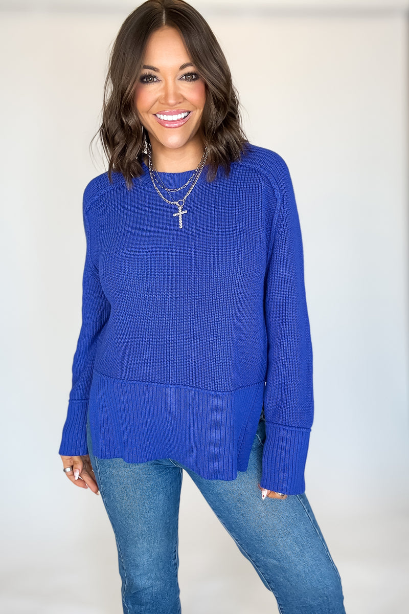 Royal Blue Raglan Long Sleeve Side Slit Sweater
