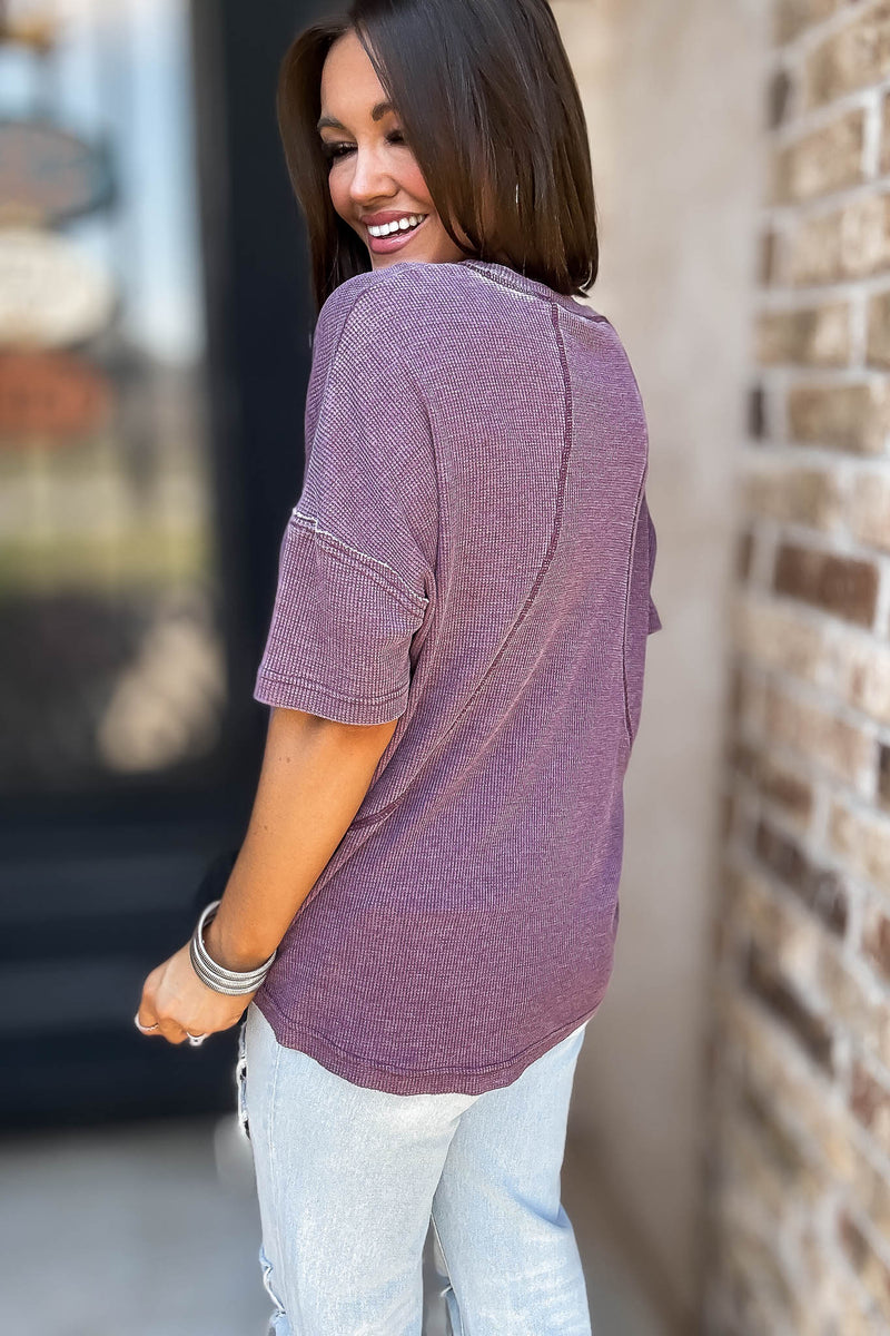 Cotton Blend Dark Plum Mineral Wash Waffle Short Sleeve Tee