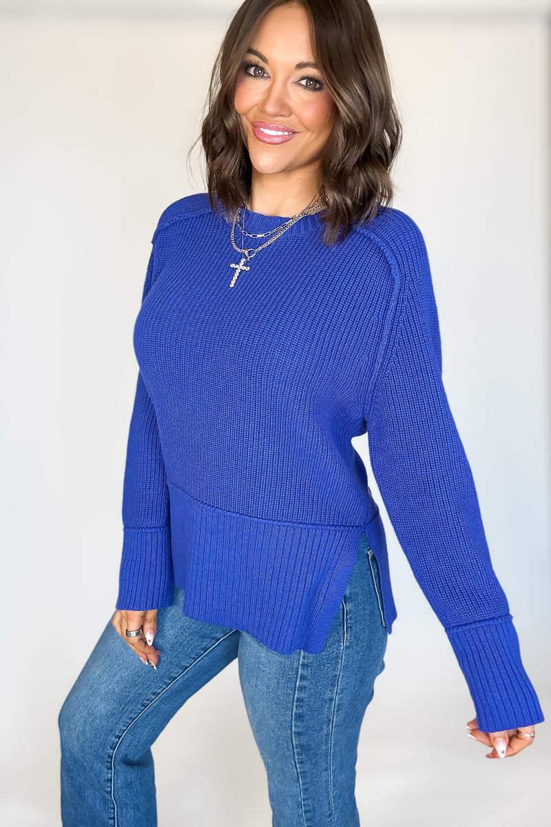 Royal Blue Raglan Long Sleeve Side Slit Sweater