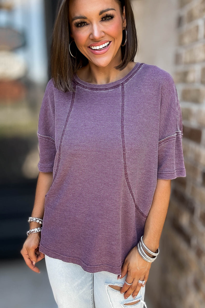 Cotton Blend Dark Plum Mineral Wash Waffle Short Sleeve Tee