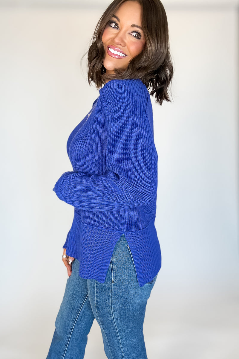 Royal Blue Raglan Long Sleeve Side Slit Sweater