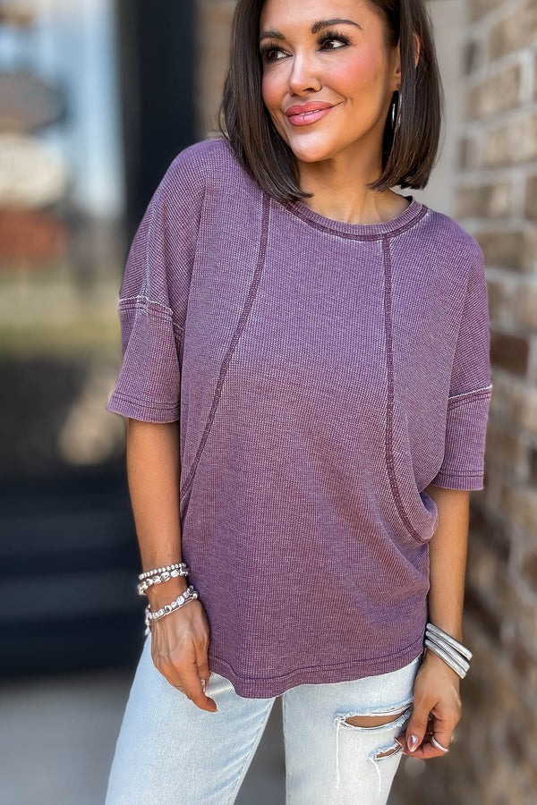 Cotton Blend Dark Plum Mineral Wash Waffle Short Sleeve Tee