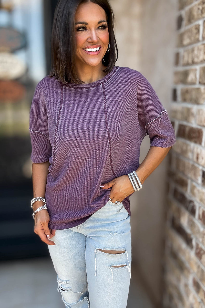 Cotton Blend Dark Plum Mineral Wash Waffle Short Sleeve Tee