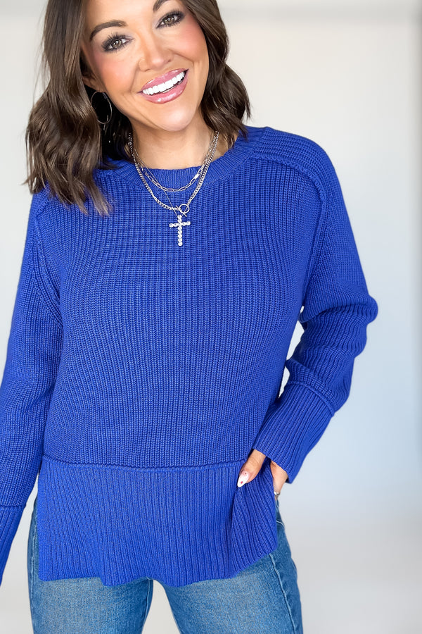 Royal Blue Raglan Long Sleeve Side Slit Sweater