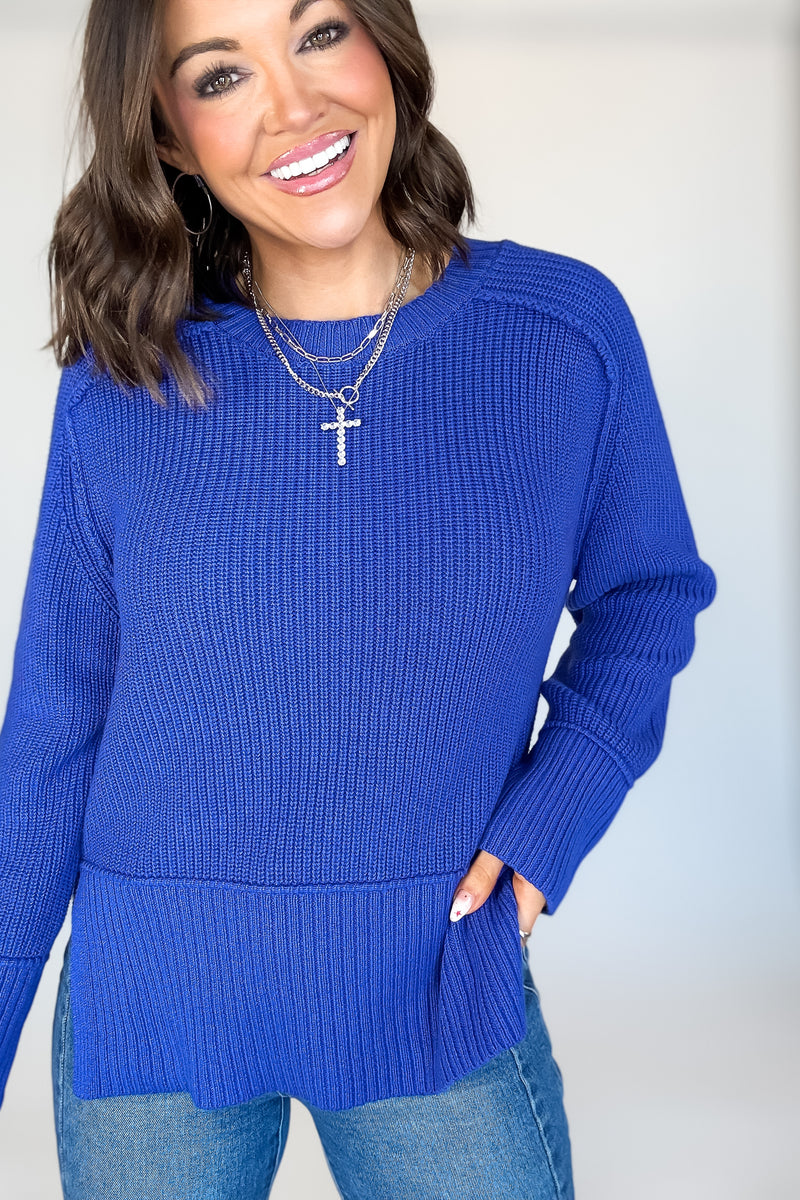 Royal Blue Raglan Long Sleeve Side Slit Sweater