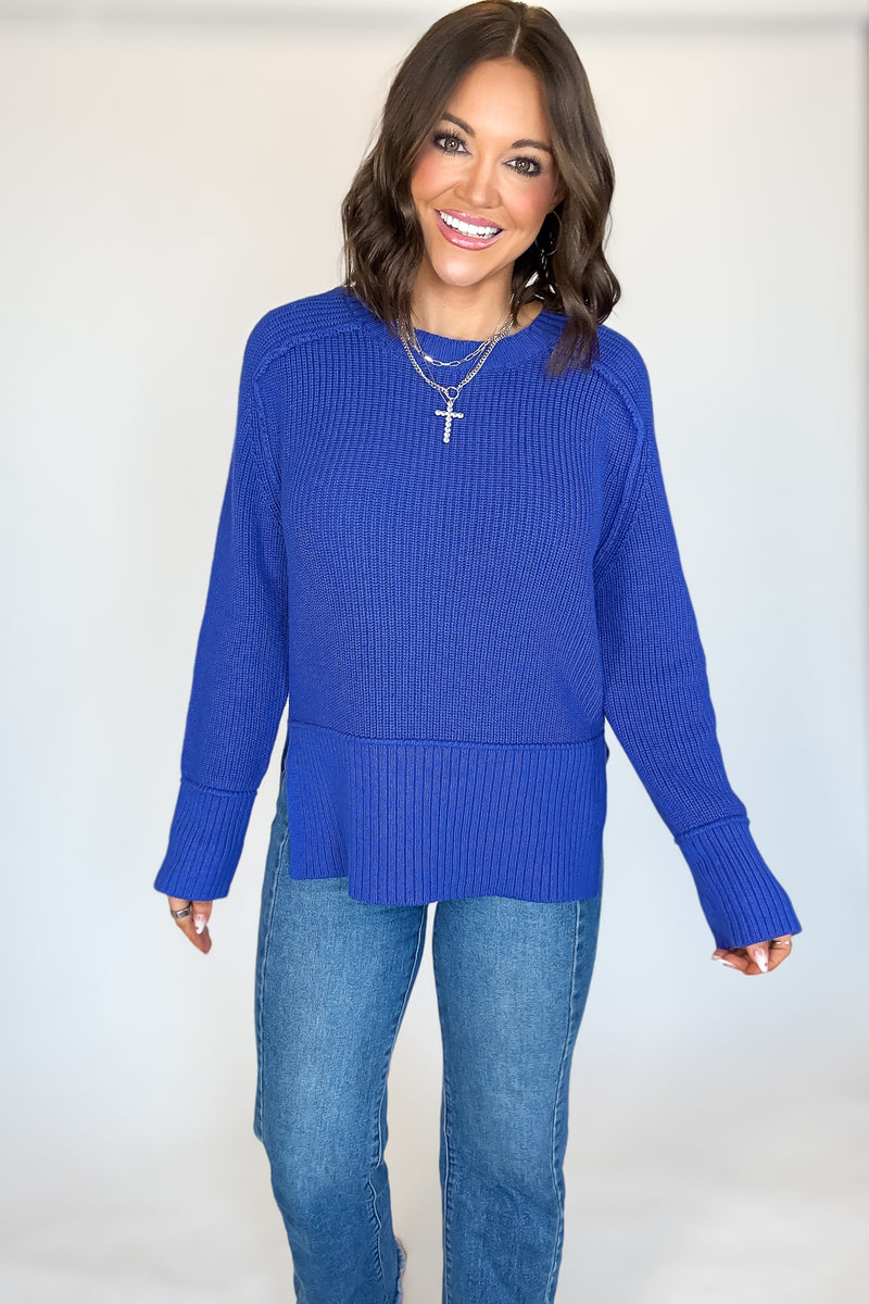 Royal Blue Raglan Long Sleeve Side Slit Sweater