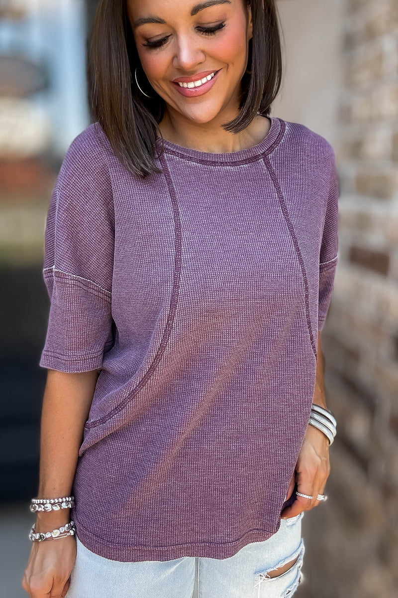 Cotton Blend Dark Plum Mineral Wash Waffle Short Sleeve Tee