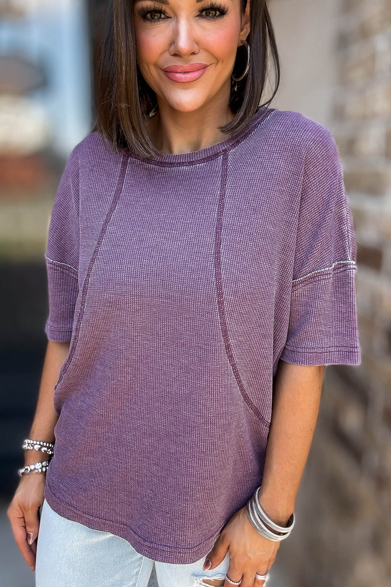 Cotton Blend Dark Plum Mineral Wash Waffle Short Sleeve Tee