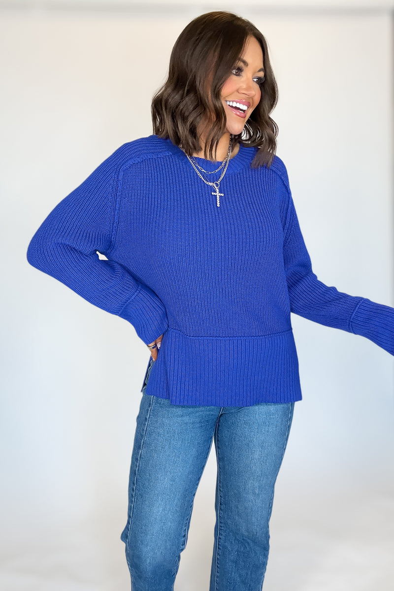 Royal Blue Raglan Long Sleeve Side Slit Sweater