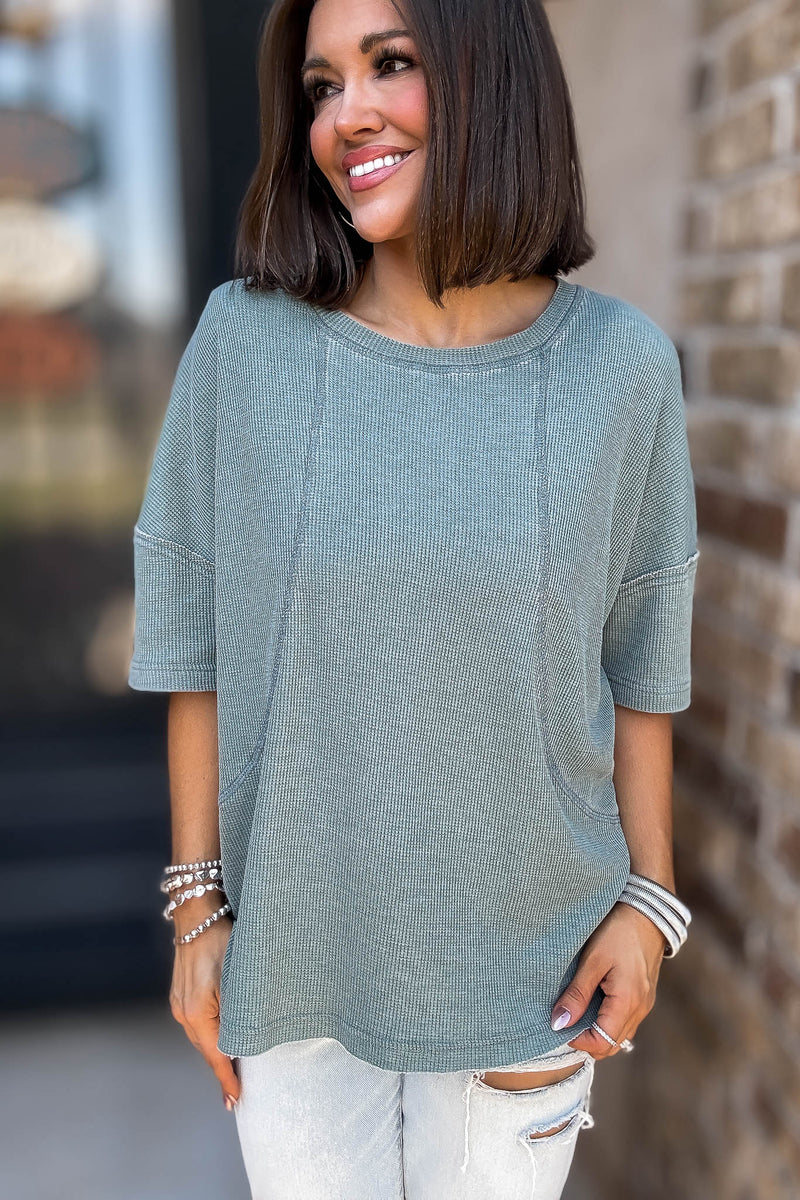 Cotton Blend Silky Pine Mineral Wash Waffle Short Sleeve Tee