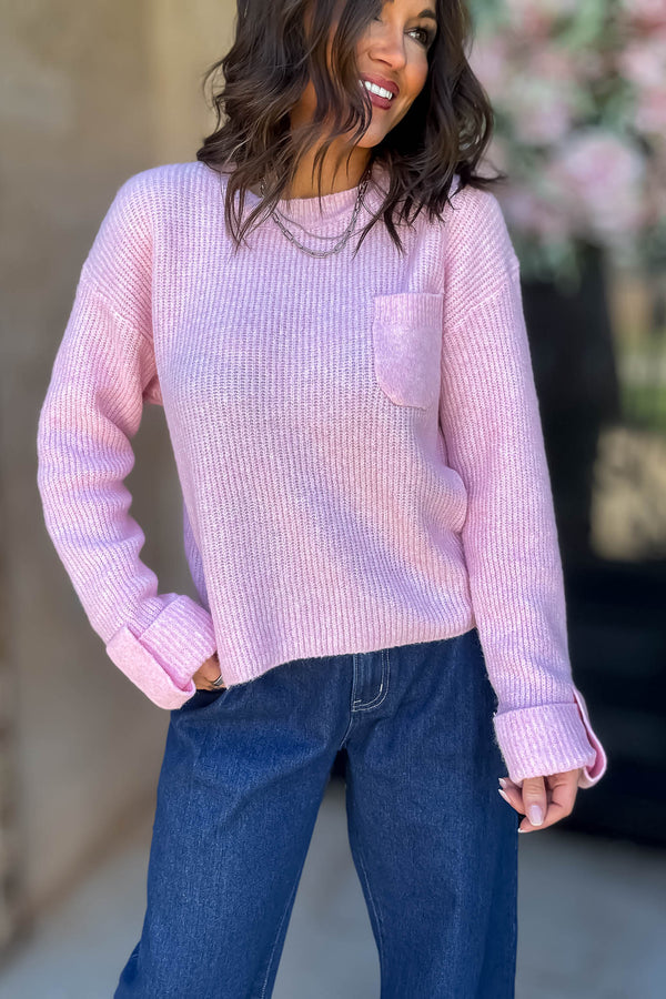 Mable Straight To Business Pink Solid Crew Neck Long Sleeve Knit Pullover Sweater