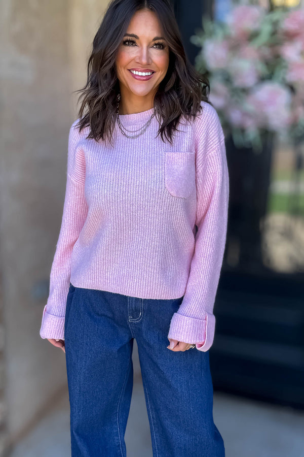 Mable Straight To Business Pink Solid Crew Neck Long Sleeve Knit Pullover Sweater