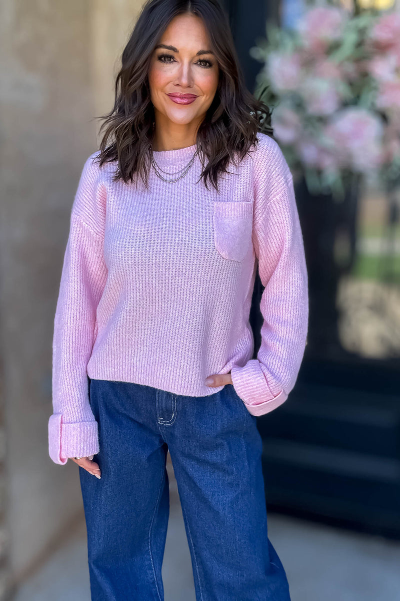 Mable Straight To Business Pink Solid Crew Neck Long Sleeve Knit Pullover Sweater