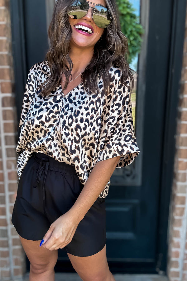 Satin Leopard Print Boxy V-Neck Top