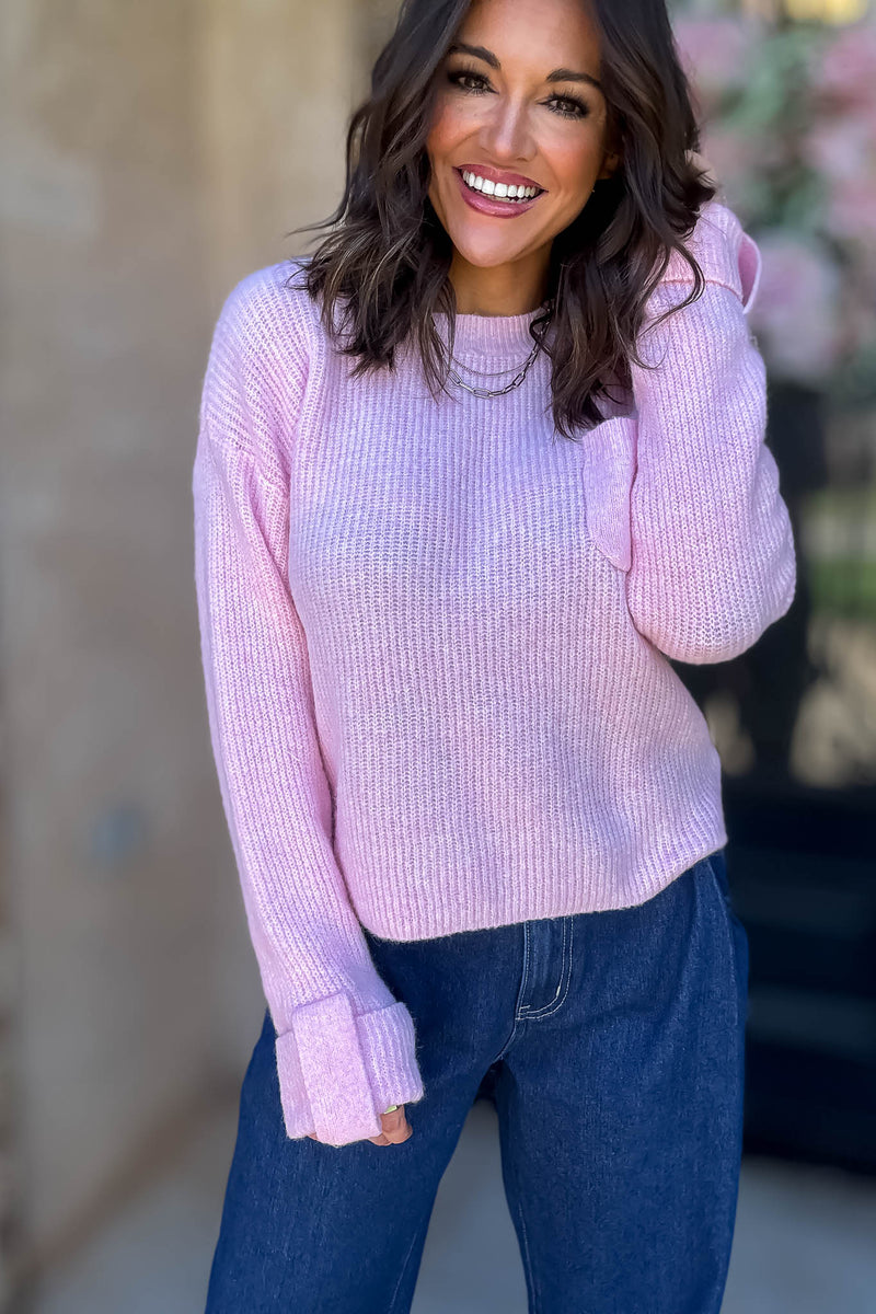 Mable Straight To Business Pink Solid Crew Neck Long Sleeve Knit Pullover Sweater