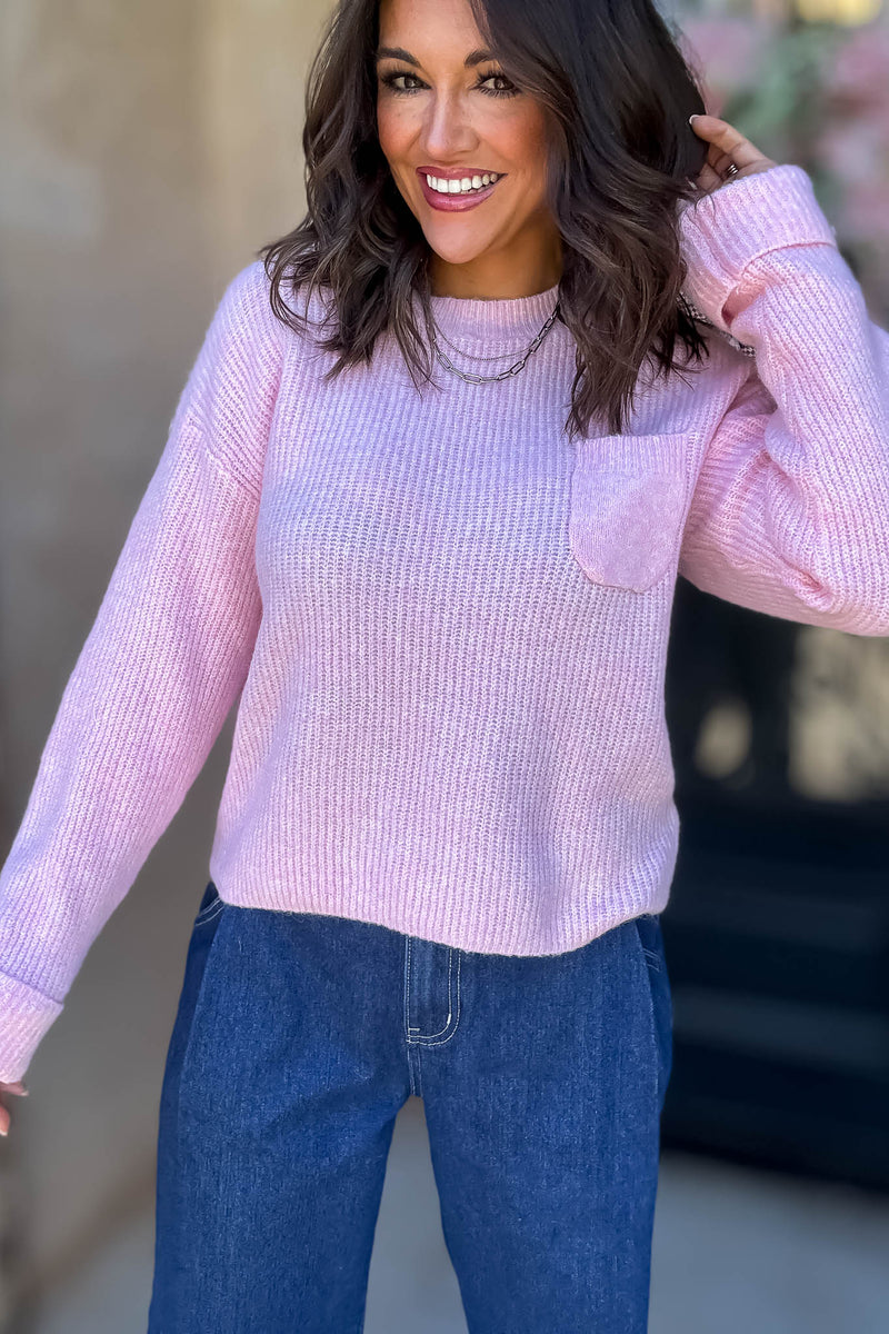 Mable Straight To Business Pink Solid Crew Neck Long Sleeve Knit Pullover Sweater