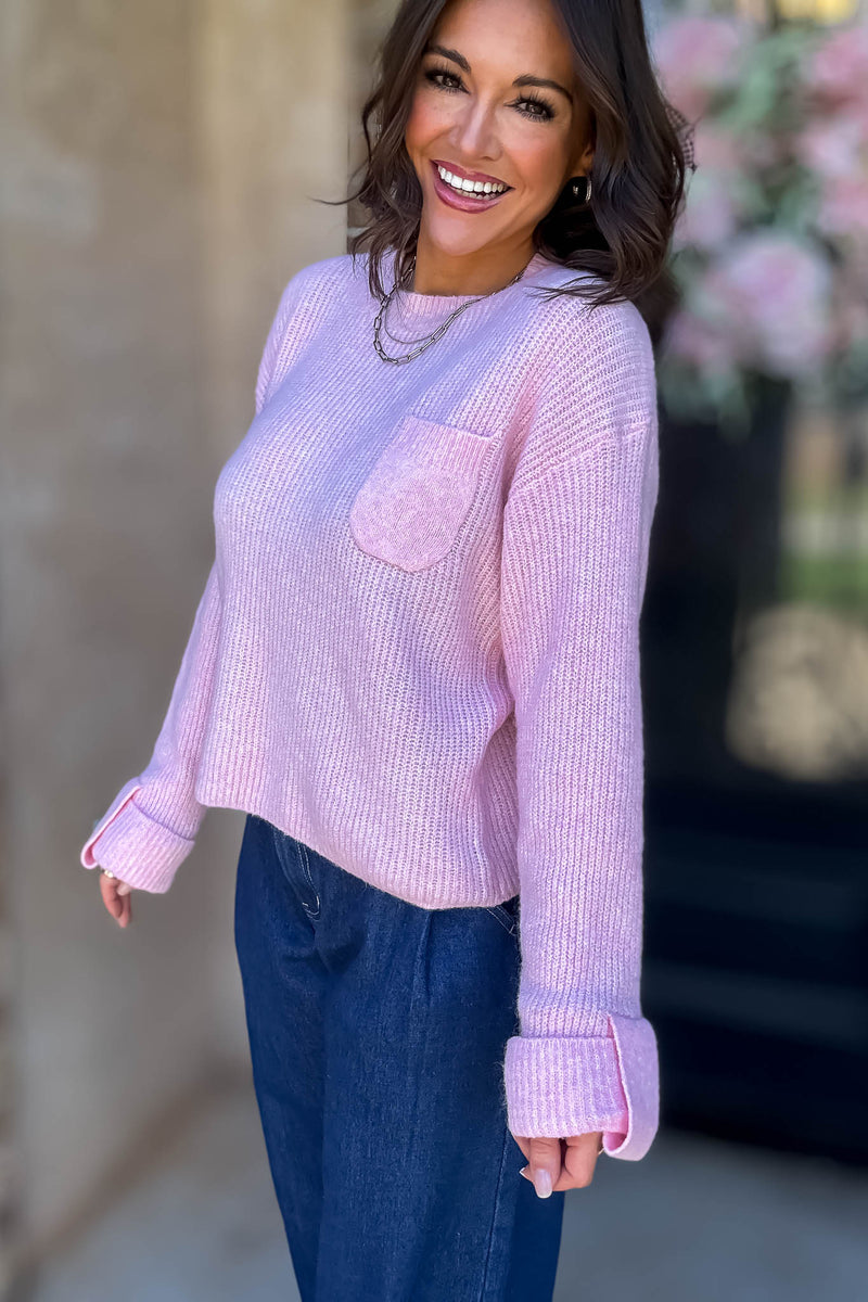 Mable Straight To Business Pink Solid Crew Neck Long Sleeve Knit Pullover Sweater