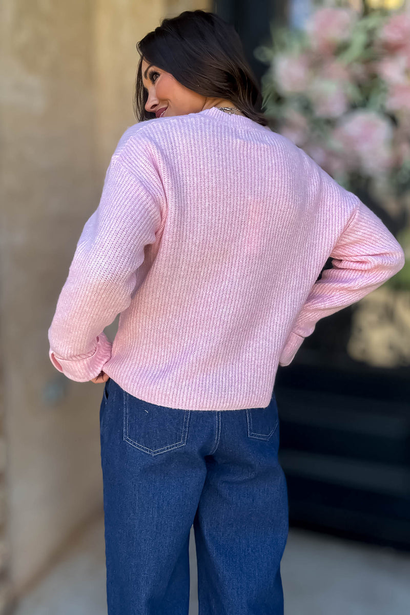 Mable Straight To Business Pink Solid Crew Neck Long Sleeve Knit Pullover Sweater