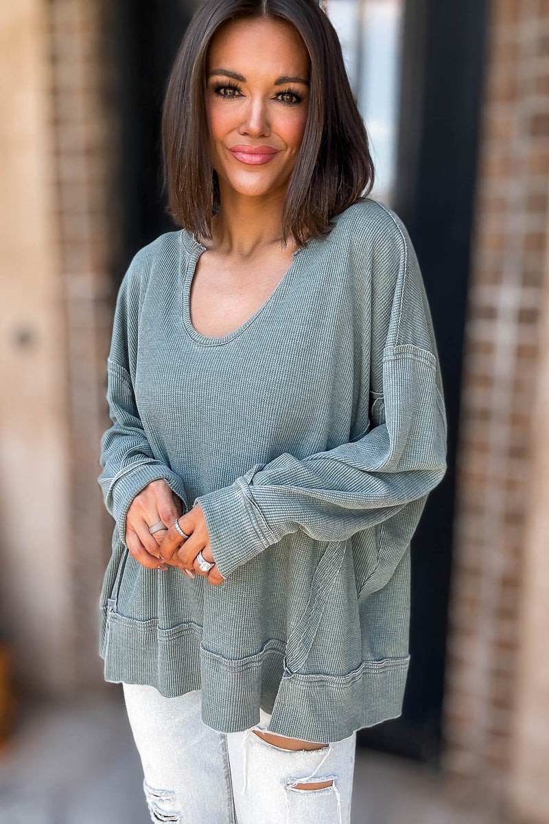 Cotton Blend Silky Pine Waffle Knit Oversized Long Sleeve