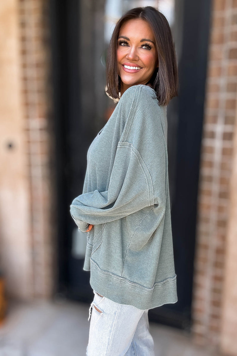 Cotton Blend Silky Pine Waffle Knit Oversized Long Sleeve