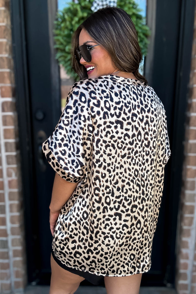 Satin Leopard Print Boxy V-Neck Top