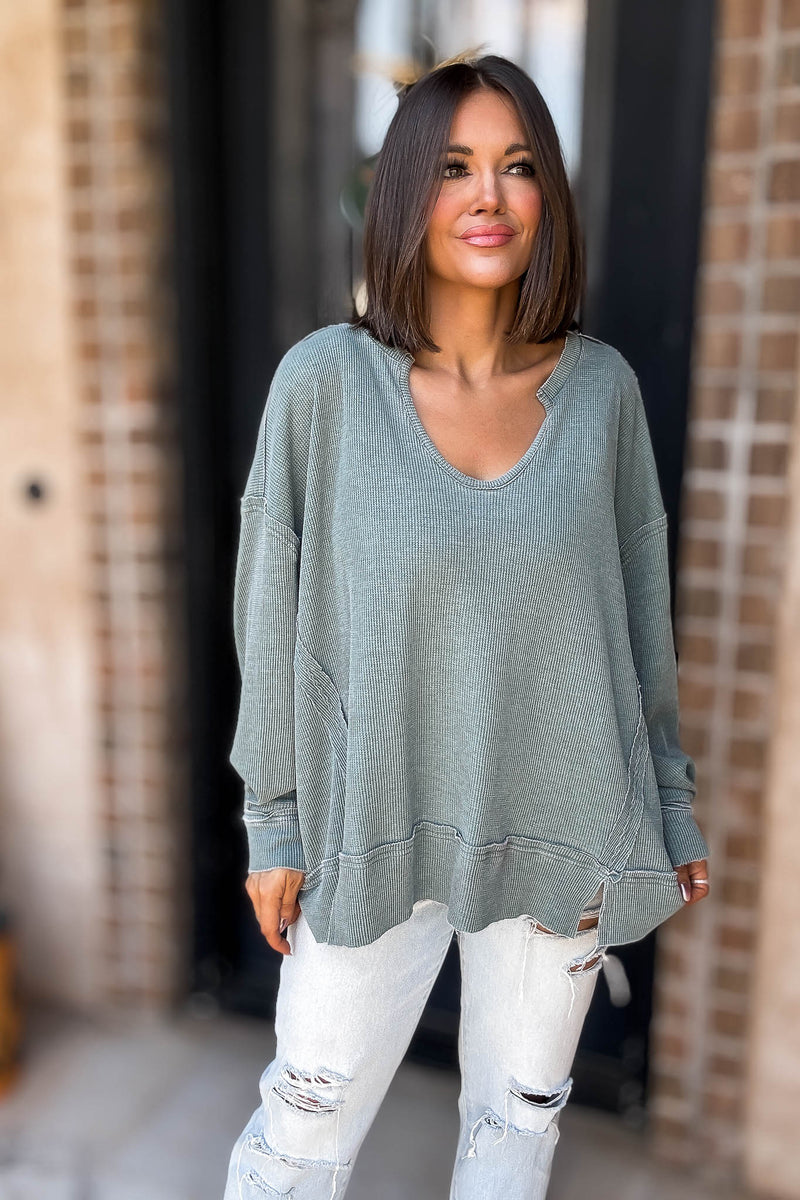 Cotton Blend Silky Pine Waffle Knit Oversized Long Sleeve
