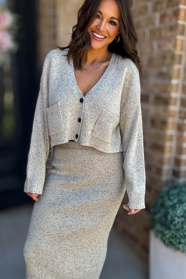 Mable Better Believe It Taupe Long Sleeve V Neck Knit Crop Cardigan