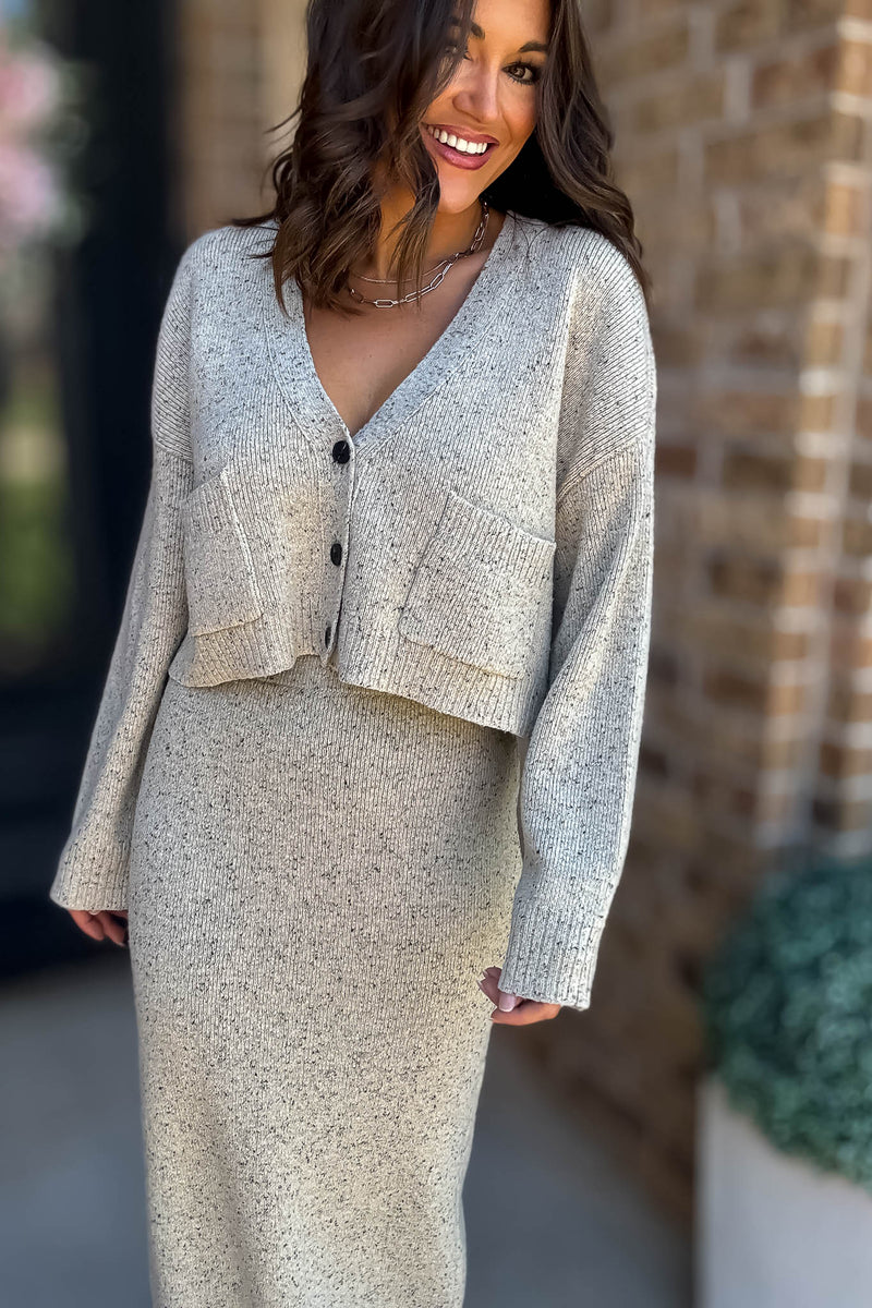 Mable Better Believe It Taupe Long Sleeve V Neck Knit Crop Cardigan