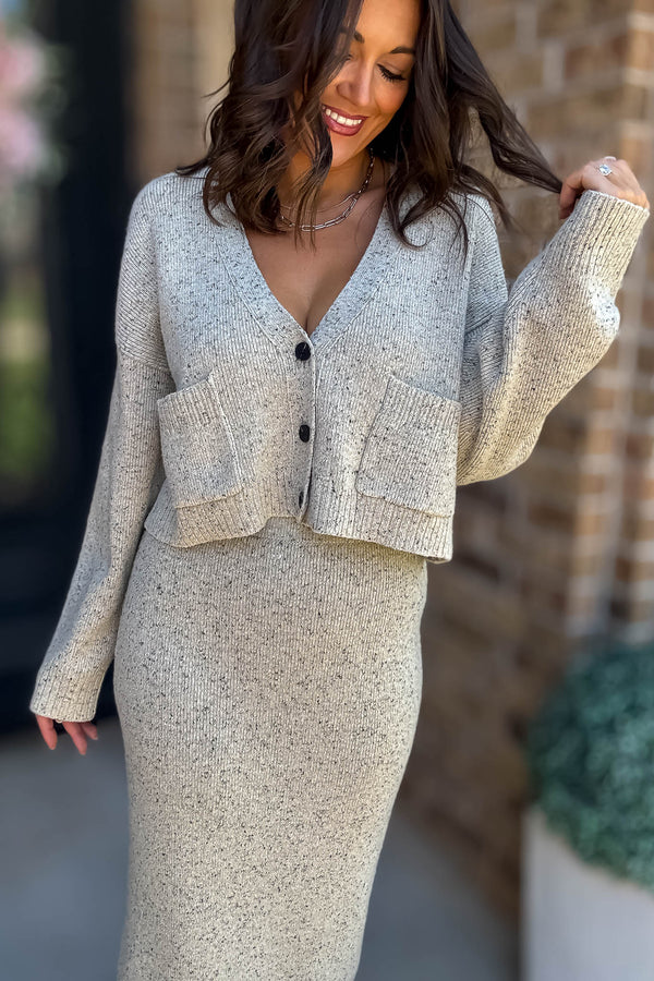 Mable Better Believe It Taupe Long Sleeve V Neck Knit Crop Cardigan