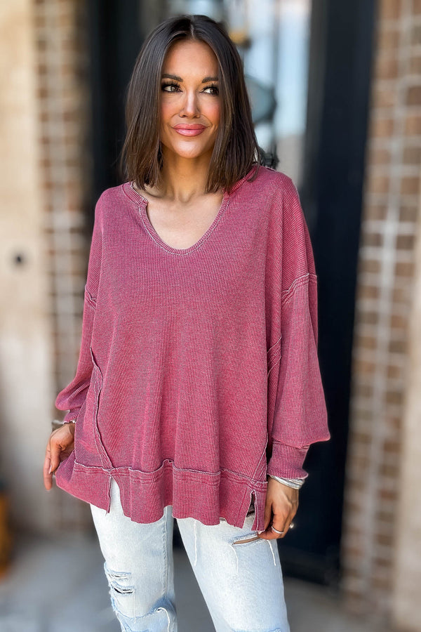 Cotton Blend Garnet Red Waffle Knit Oversized Long Sleeve