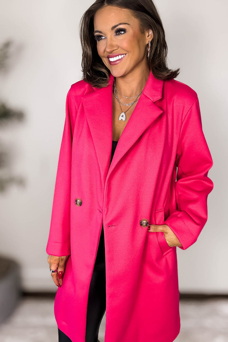 Lapel Fuchsia Collared Double Breasted Full Coat