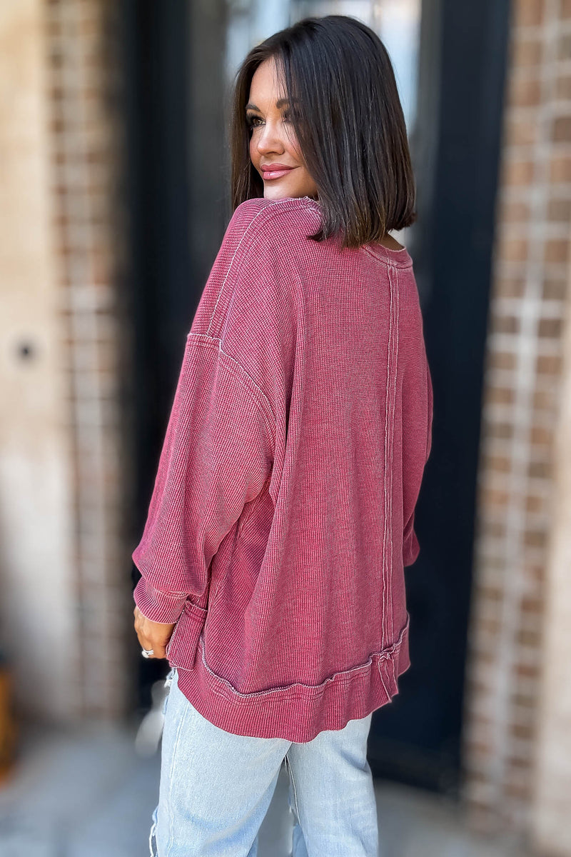 Cotton Blend Garnet Red Waffle Knit Oversized Long Sleeve