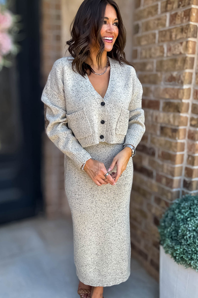 Mable Better Believe It Taupe Long Sleeve V Neck Knit Crop Cardigan