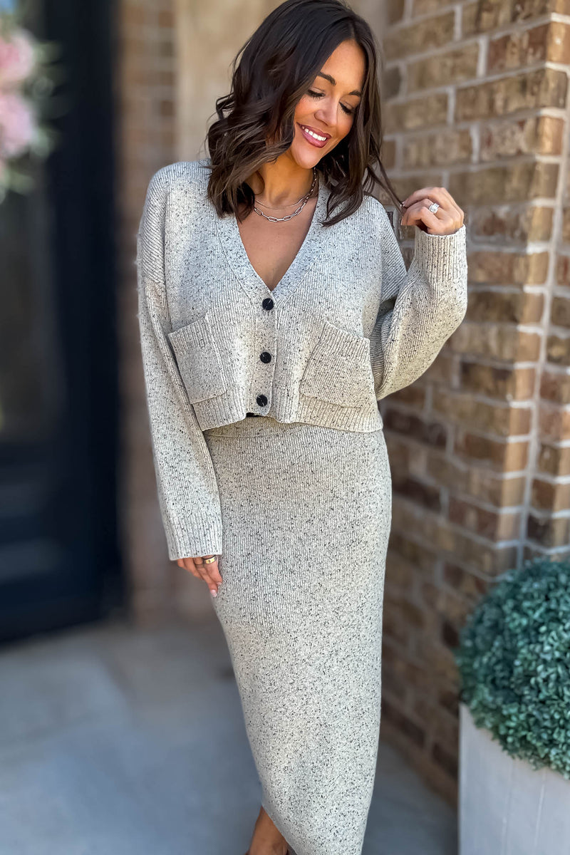 Mable Better Believe It Taupe Long Sleeve V Neck Knit Crop Cardigan