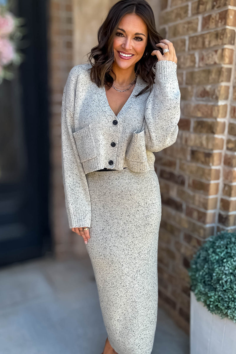 Mable Better Believe It Taupe Long Sleeve V Neck Knit Crop Cardigan