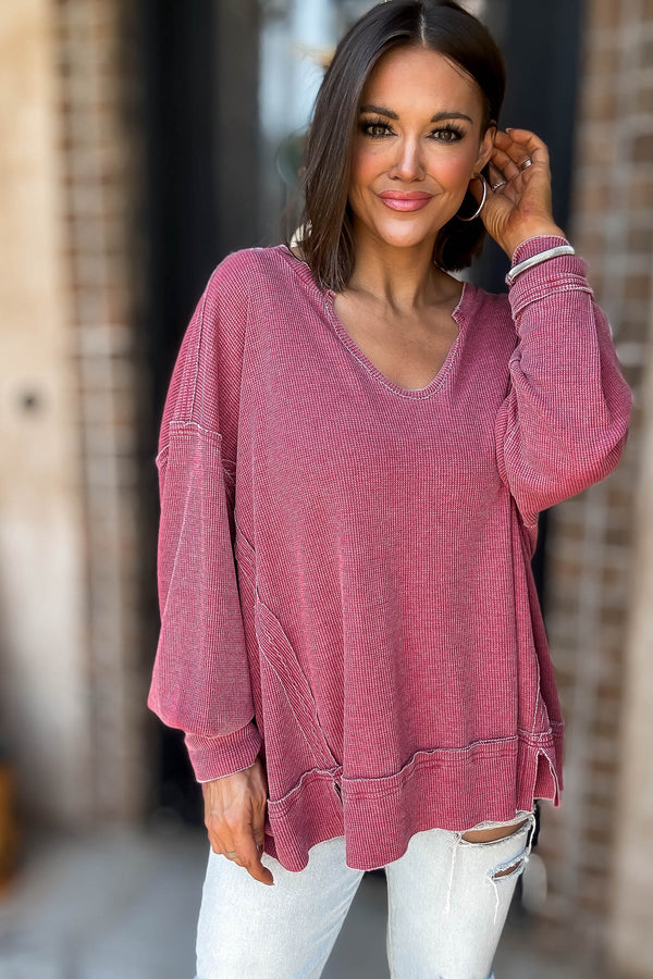 Cotton Blend Garnet Red Waffle Knit Oversized Long Sleeve