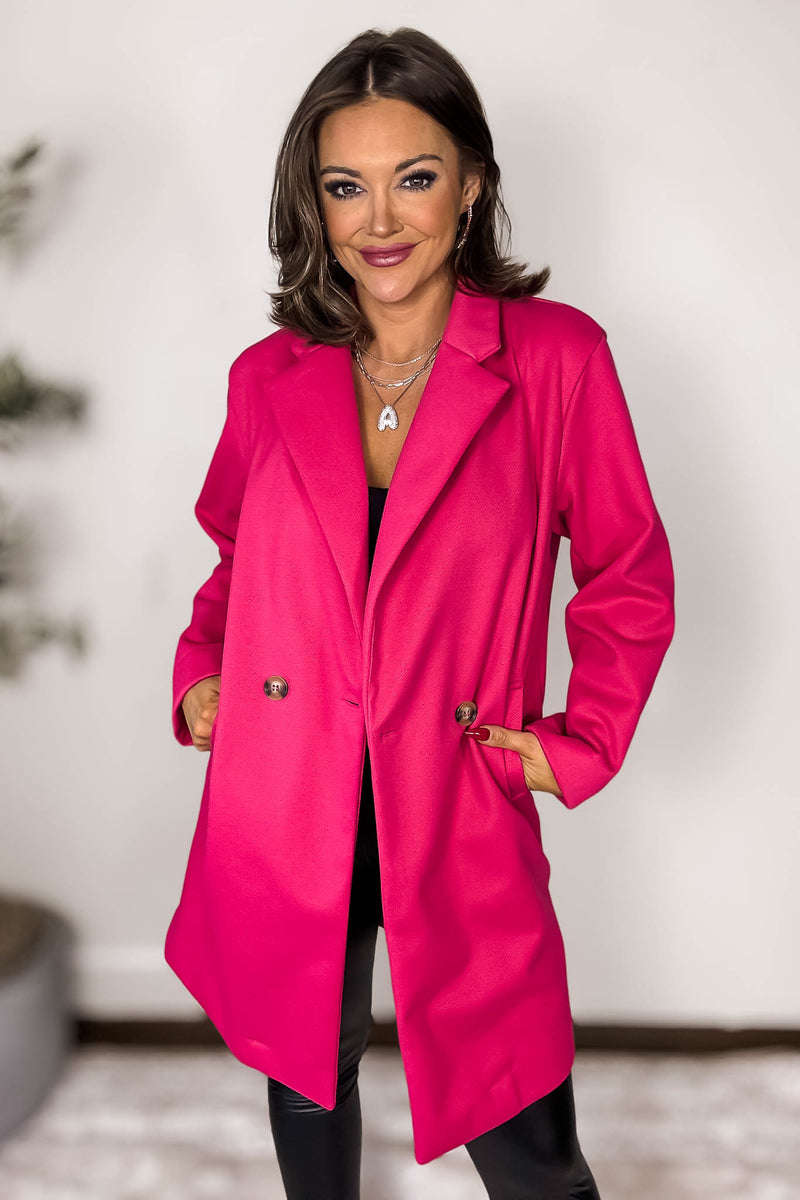 Lapel Fuchsia Collared Double Breasted Full Coat