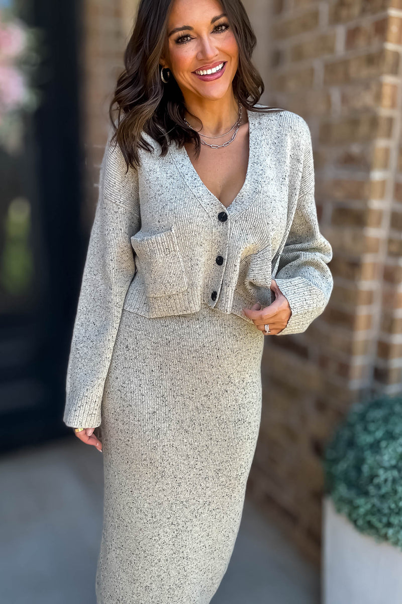 Mable Better Believe It Taupe Long Sleeve V Neck Knit Crop Cardigan