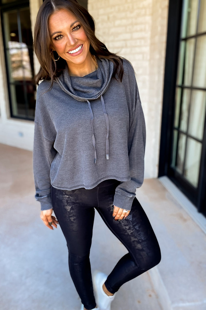 Settle The Score Black Boxy Mineral-Washed Cowl-Neck Pullover with Waffle Knit Top