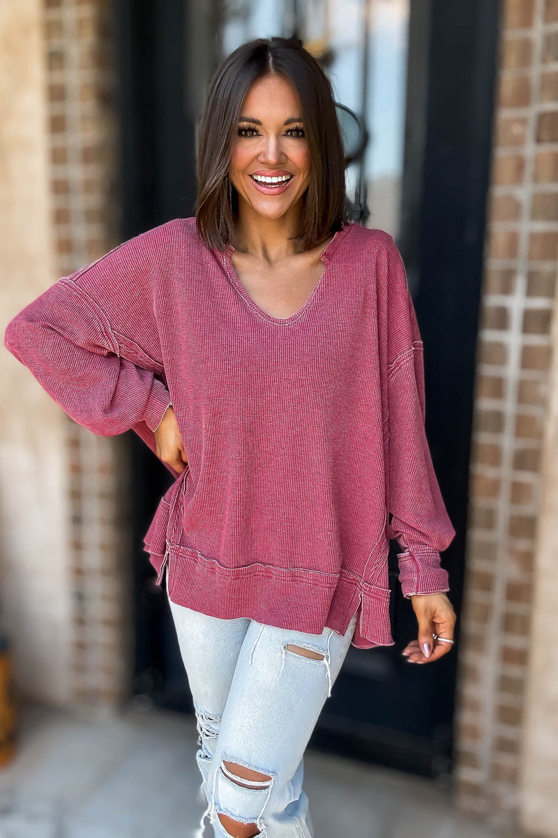 Cotton Blend Garnet Red Waffle Knit Oversized Long Sleeve