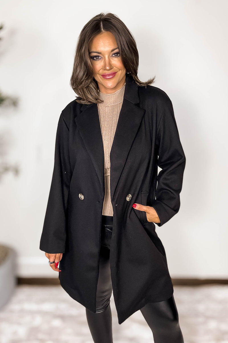 Lapel Black Collared Double Breasted Full Coat