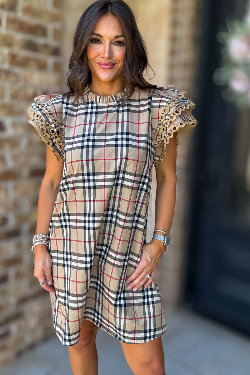 Tan Plaid Check Print Pockets Dress