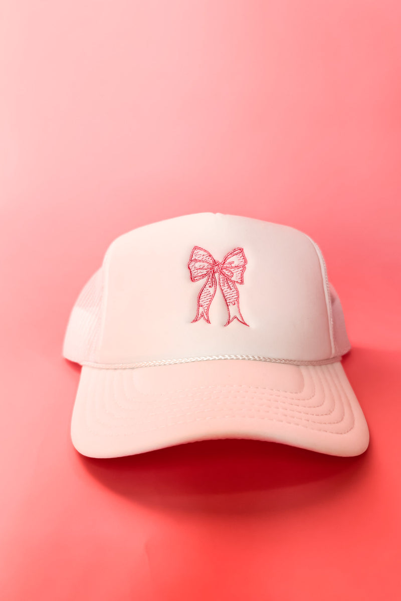 Coquette Trending Bow Embroidery White Trucker Hat Cap